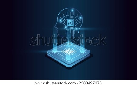 Artifical intelligence technology concept on Brightly glowing AI chip with light circuit board on technology vector. Computer microchip