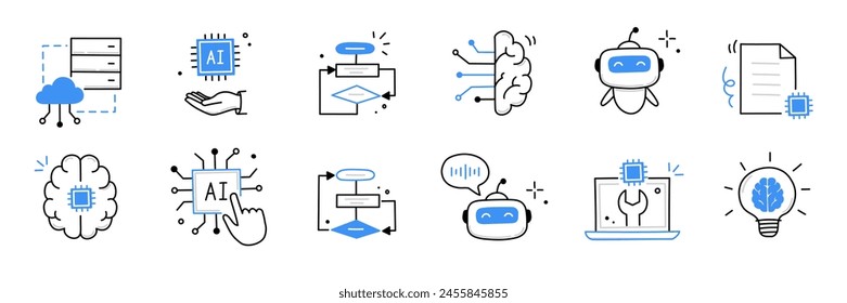 Artificial ai brain icon. Ai machine digital robot hand drawn doodle line icon. Artificial brain algorithm machine science concept. Hand drawn sketch style cute blue line. Vector illustration