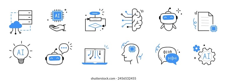 Artificial ai brain icon. Ai machine digital robot hand drawn doodle line icon. Artificial brain algorithm machine science concept. Hand drawn sketch style cute blue line. Vector illustration