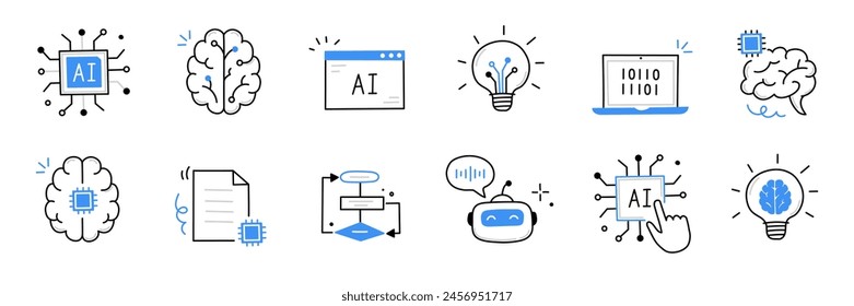 Artificial ai brain icon. Ai machine digital robot hand drawn doodle line icon. Artificial brain algorithm machine science concept. Hand drawn sketch style cute blue line. Vector illustration