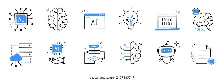 Artificial ai brain icon. Ai machine digital robot hand drawn doodle line icon. Artificial brain algorithm machine science concept. Hand drawn sketch style cute blue line. Vector illustration