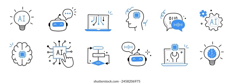 Artificial ai brain icon. Ai machine digital robot hand drawn doodle line icon. Artificial brain algorithm machine science concept. Hand drawn sketch style cute blue line. Vector illustration