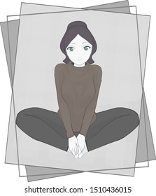 Artificial ai girl friend concept - A pretty female robot with metal skin wearing comfortable clothes, sitting in a cute position, and smiling warmly.