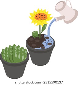 künstliche Anwendung von Wasser auf den Boden isometrischen Konzept, Sonnenblume in Topf Vektor Symbol Design, Rasen Gartenbau Symbol, Bauernhof und Pflanze Zeichen Landwirtschaft und Gartenbau Ausrüstung Stockgrafik