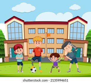 Artificial body part concept with amputees cartoon character illustration