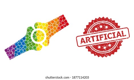 Artificial bone joint collage icon of filled circle dots in different sizes and rainbow colored color tones, and Artificial rubber rosette stamp seal.