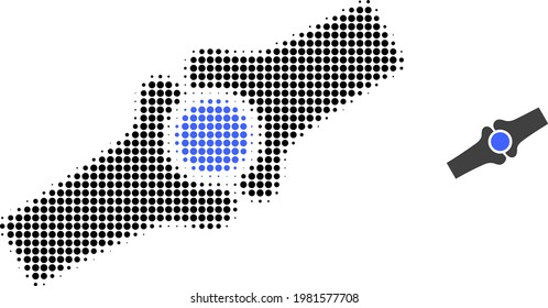 Artificial bone joint halftone dot icon illustration. Halftone pattern contains round dots. Vector illustration of artificial bone joint icon on a white background.