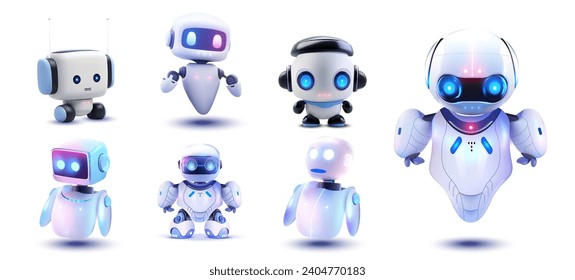 Bot artificial, mascota de mano, bot humano y chatbot, espacio de inteligencia, tecnología de soporte artificial de IA. Colección de robots futuristas en varios poisos sobre fondo blanco. Ilustración del vector