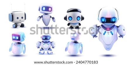 Artificial bot, hand mascot, human and chatbot, intelligence space, artificial AI support technology. Collection of Cute Futuristic Robots in Various Poses on White Background. Vector illustration