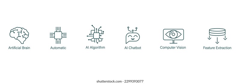 artificial brain, automatic, ai algorithm, ai chatbot, computer vision, feature extraction icon set vector illustration 