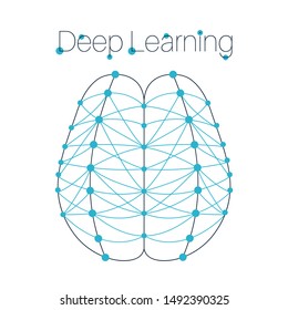 Artificial brain formed by neural network. AI, machine learning or deep learning illustration. Top view brain with cognitive services. Applicable as part of data science design. Vector illustration.
