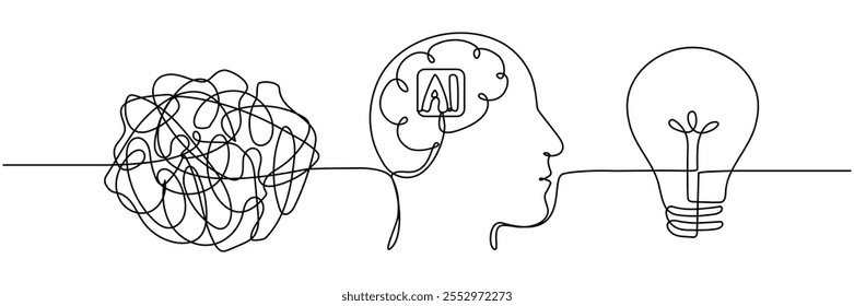 Artificial brain intelligence technology with chaos thoughts and light bulb continuous line drawn. Creative idea process. Brainstorming and insight concept. Vector illustration isolated on white.
