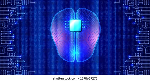 Künstliches Gehirn mit Mikrochip und elektronischer Schaltung auf binärem Hintergrund. Futuristische Technologie. Implantate und Konzept der künstlichen Intelligenz. Innovation in der Wissenschaft.