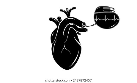 Artificial cardiac pacemaker in heart, black isolated silhouette