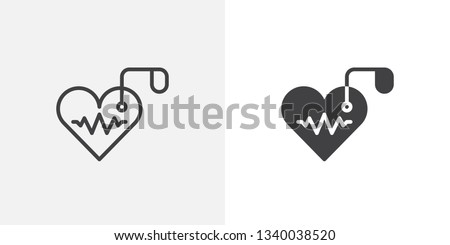 Artificial cardiac pacemaker icon. line and glyph version, outline and filled vector sign. Heart and heartbeat linear and full pictogram. Cardiology symbol logo illustration. Different style icons set