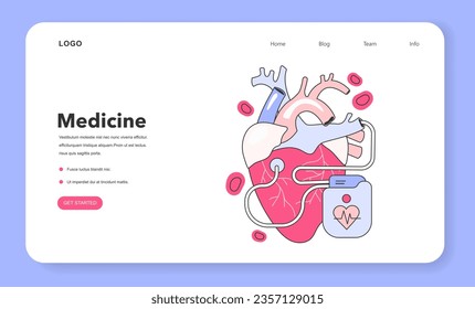 Artificial cardiac pacemaker web banner or landing page. Medical device that generates electrical impulses delivered by electrodes to the chambers of the heart. Flat vector illustration
