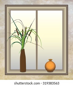 Artificial cattails resting in a bathroom window next to an orange vase