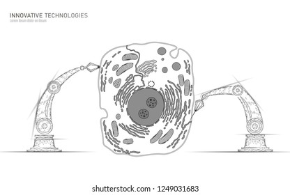 Artificial cell synthesys gene therapy DNA 3D chemical. Animal cell biochemistry engineering research concept. Biorobot robotic arm industry vector illustration future business technology