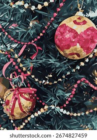 Ein künstlicher Weihnachtsbaum mit zwei glatten und glitzernden Bällen im Fokus zusammen mit Gold und roten Perlen dekoriert; Eine Low-Poly-Vektorgrafik kann als Hintergrund für Grußkarten verwendet werden.