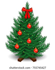 artificial Christmas tree on a stand, decorated with red balls and bow with a garland of glowing light bulbs