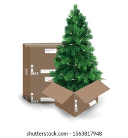 Artificial Christmas tree and pine. Delivery of toys and Christmas accessories