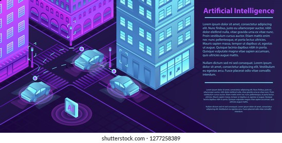Artificial city intelligence banner. Isometric illustration of artificial city intelligence vector banner for web design