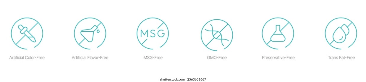 Artificial Color-Free, Artificial Flavor-Free, MSG-Free, GMO-Free, Preservatives-Free, and Trans Fat-Free Vector Icon Set for Clean Label Food Packaging