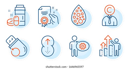 Artificial colors, Medical drugs and Swipe up signs. Copyrighter, Certificate and Flash memory line icons set. Employee results, Cogwheel symbols. Writer person, Certified guarantee. Vector