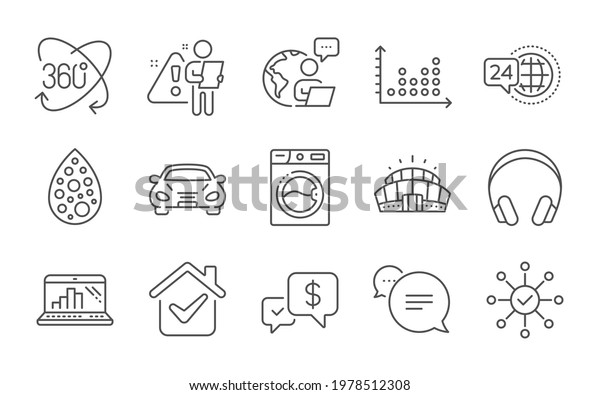 Artificial colors, Payment received and Washing\
machine line icons set. Headphones, Survey check and 24h service\
signs. Graph laptop, Car and Full rotation symbols. Line icons set.\
Vector