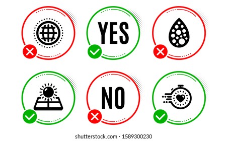 Artificial colors, Sun energy and Globe icons simple set. Yes no check box. Timer sign. Natural flavor, Solar panels, Internet world. Deadline management. Science set. Artificial colors icon. Vector