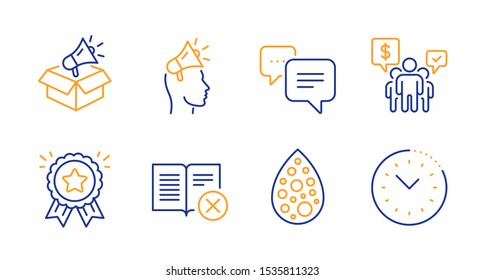 Artificial colors, Teamwork and Brand ambassador line icons set. Reject book, Loyalty award and Dots message signs. Megaphone box, Time management symbols. Natural flavor, Employees chat. Vector