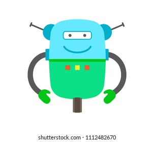 Artificial creature with smile, robot that has long hands and expression of face, scientific object or humanoid vector illustration isolated on white.