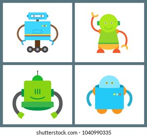 Artificial creatures collection robots with wheels and long hands green and blue robots set, friendly vector illustration isolated on white background
