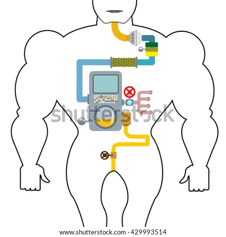 Artificial digestive tract. Digestion person. Throat and stomach. Pipes, tanks. Gates and devices. processing system. Treatment  mechanism. Valves, tube. Sensors and tank. Device with screen, tubes