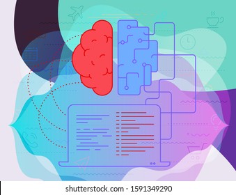 Artificial digital brain learning and machine thinking concept. Trendy bright vector illustration