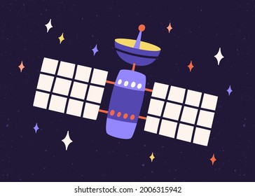 Artificial earth satellite with dish and antenna for signal transmission and solar panels. Space communication system flying in cosmos. Equipment in universe. Childish colored flat vector illustration