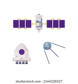 Artificial Earth satellites and space vehicle. Space exploration technologies vector illustration