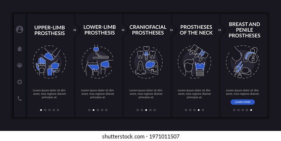 Artificial extremities onboarding vector template. Responsive mobile website with icons. Web page walkthrough 5 step screens. Lower, upper-limb prostheses night mode concept with linear illustrations