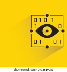 artificial eye and binary number with shadow on yellow background