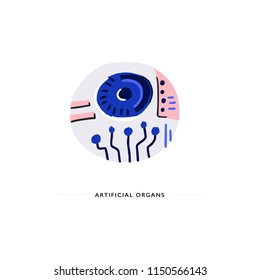 Artificial eye - illustration with transplants of the future. Robotic organ for bio human. Modern medicine vector concept.
