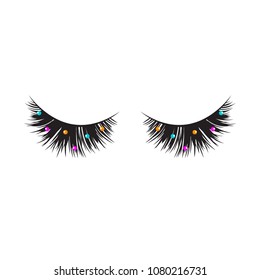 Artificial, fake black eyelashes with rhinestones, studio eyelash extensions. Vector stock