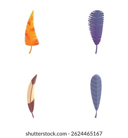 Artificial feather icons set cartoon vector. Vibrant multicolored feather. Accessory for decoration