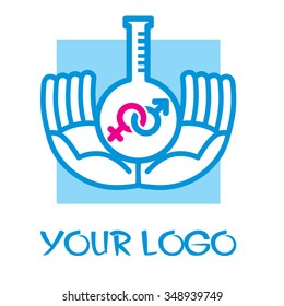 Artificial  fertilization. Pink and blue icon.
The stylized image of male and female symbols with two human hands.