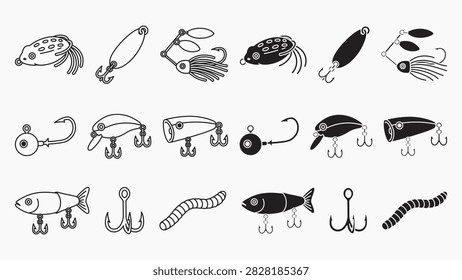 Artificial fishing lures outline and solid icon set. Angling lures line art and silhouette element pack. Fishing bait linear and glyph element collection