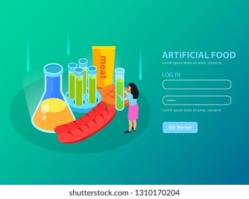 Artificial foods genetically modified meat products and chemical equipment on gradient turquoise background isometric vector illustration
