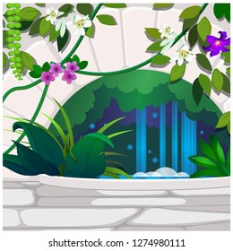 Artificial garden of tropical flowers and stone decor. Poster on the theme of nature. Growing plants in the greenhouse. Vector cartoon close-up illustration.