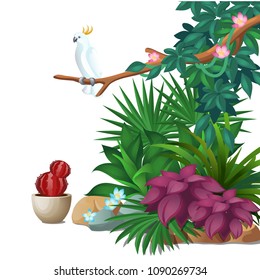 Artificial garden of tropical plants isolated on a white background. Poster on the theme of nature. Growing plants in the greenhouse. Vector cartoon close-up illustration.