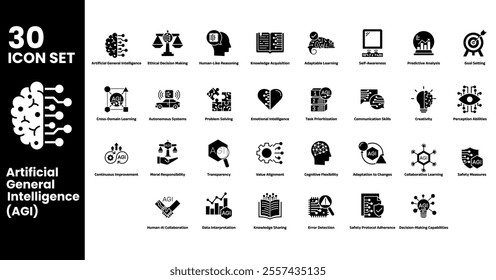 Artificial General Intelligence (AGI) Icon Set – A Modern Collection of Illustrations Highlighting AI’s Core Concepts, Ethical Frameworks, Advanced Learning, and Intelligent Decision-Making.Black flat