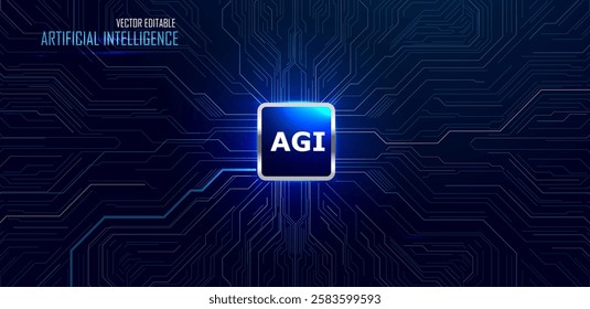 Artificial General Intelligence concept. Microchip with electric circuit board technology on blue background