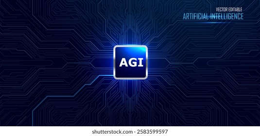 Artificial General Intelligence concept. Microchip with electric circuit board technology on blue background